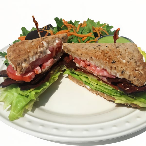 A healthy Fudenjuce sandwich, cut in half, with lettuce, tomatoes, and a side salad.