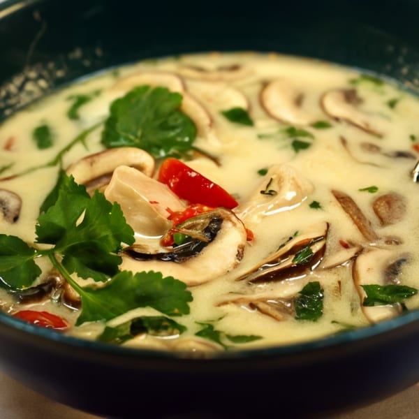 Creamy mushroom soup with red peppers and fresh parsley in a dark bowl from Fudenjuce.